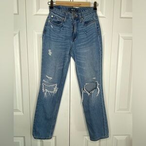 Aeropostale Mom Jeans Women’s Distressed Grunge High Rise Blue Denim Frayed Sz 0